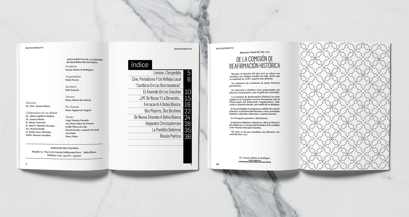 Diseño editorial. Pliegos internos del Boletín Histórico N° 36 de la Comisión de reafirmación histórica de Bahía Blanca. Branding. Diseño gráfico.